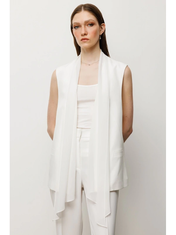 Ekol Tül Şal Yaka Kadın Ekru Yelek 06502