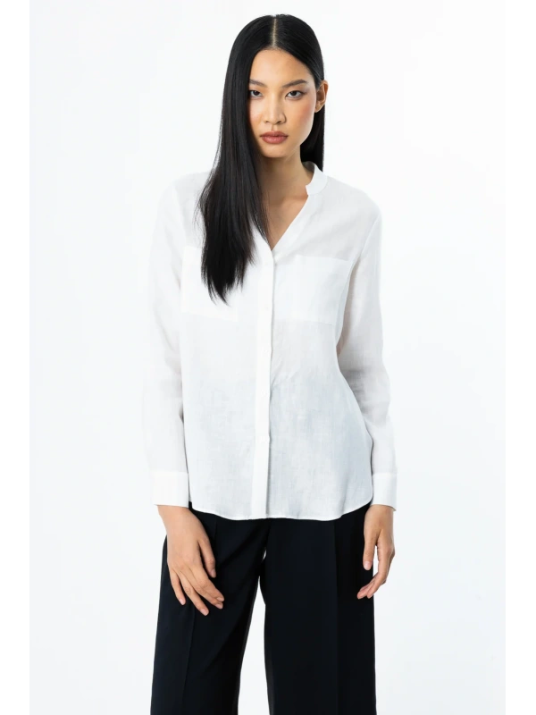 Ekol V Yaka Ekru Kadın Keten Gömlek 03134