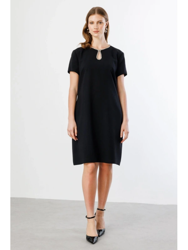 Ekol Yakası Taş İşlemeli Elbise 05514