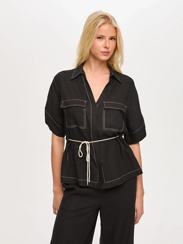 Faik Sönmez Beli Kemerli Keten Karışımlı Oversize Tunik US26TNK019