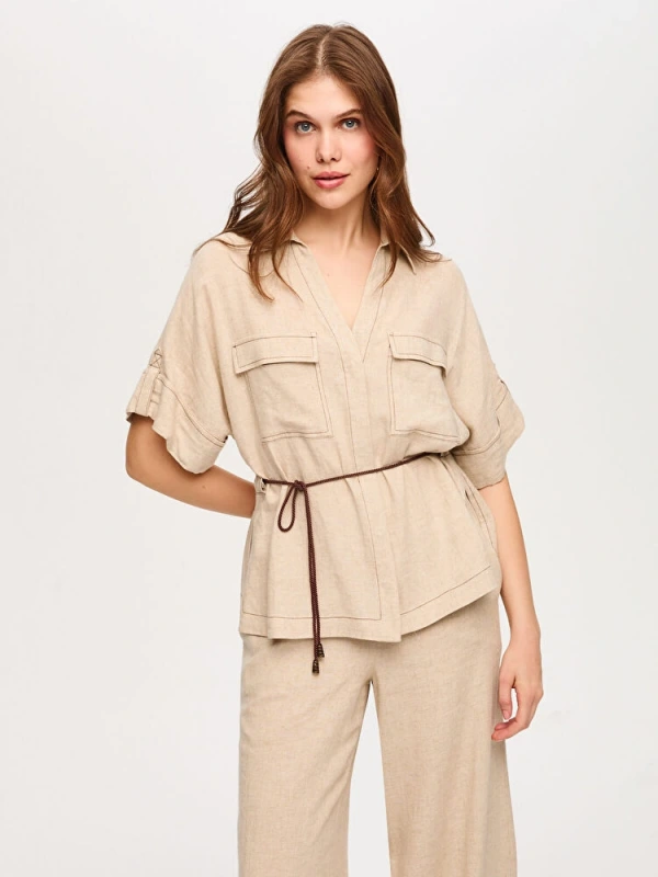 Faik Sönmez Beli Kemerli Keten Karışımlı Oversize Tunik US26TNK019