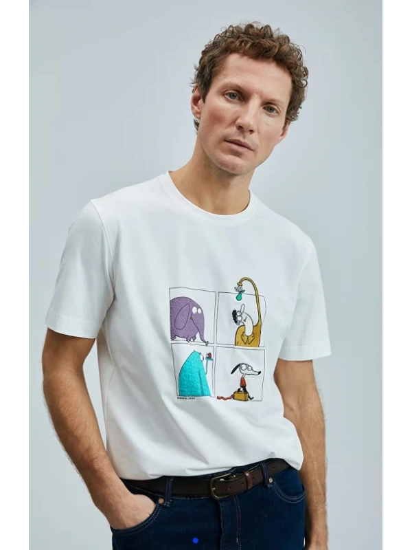 Lufian Erkek Funky Yuvarlak Yaka Kırık Beyaz T-Shirt 111020254