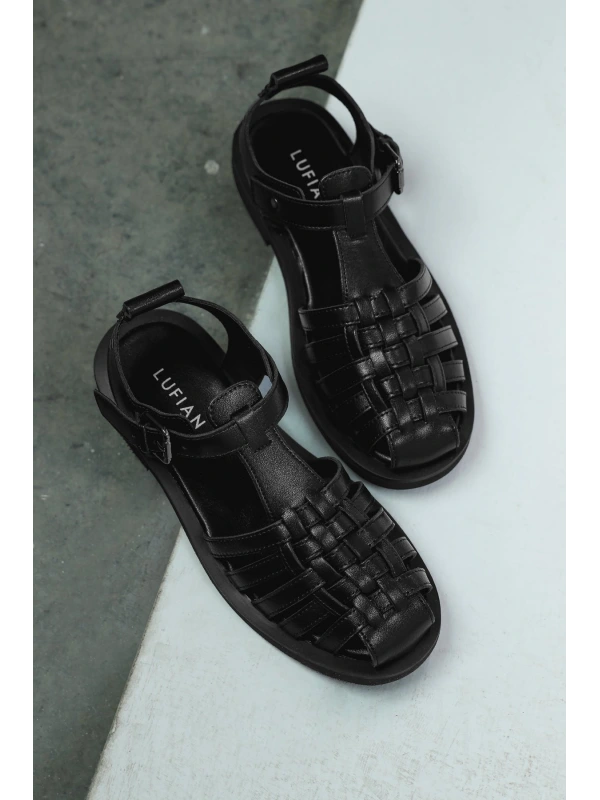 Lufian Irene Kadın Siyah Deri Sandalet 121230048