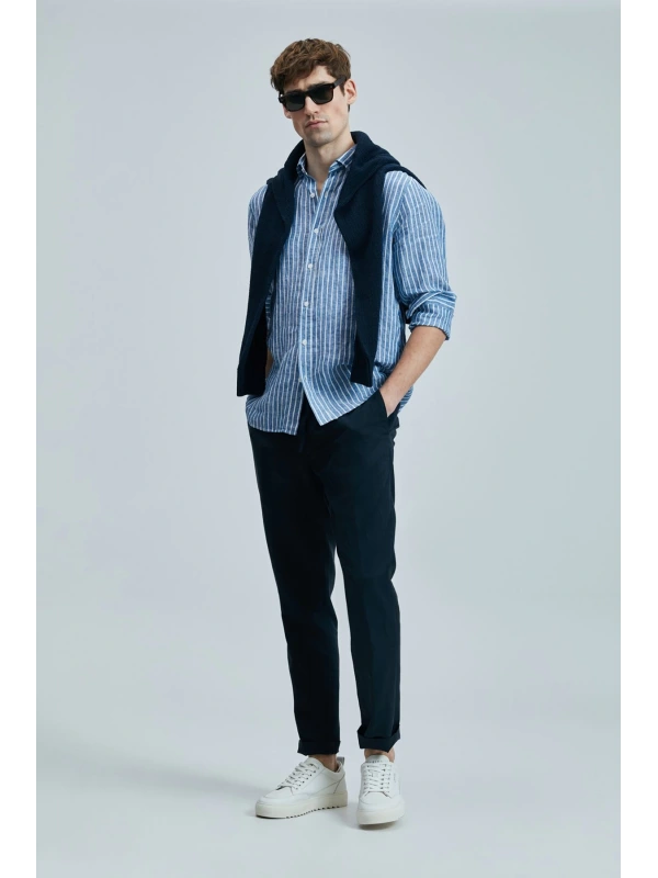 Lufian Erkek Keten Pamuklu Regular Mavi Gömlek 111010632