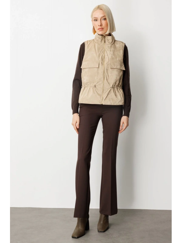 On Fashion Cepli Dik Yaka Kadın Bej Yelek 60998