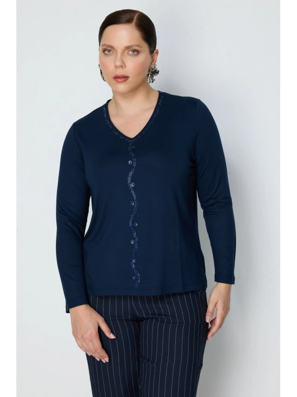 On Fashion Düğmeli Taşlı Uzun Bluz 71470