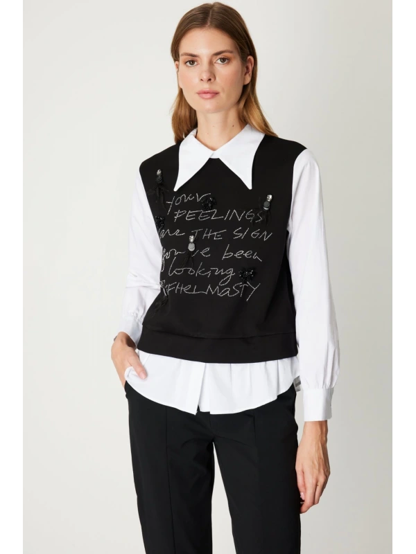 On Fashion İşlemeli Süveterli Gömlekli Bluz 66332