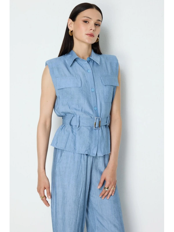 On Fashion Kemerli Cepli Gömlek Yaka Yelek 76954