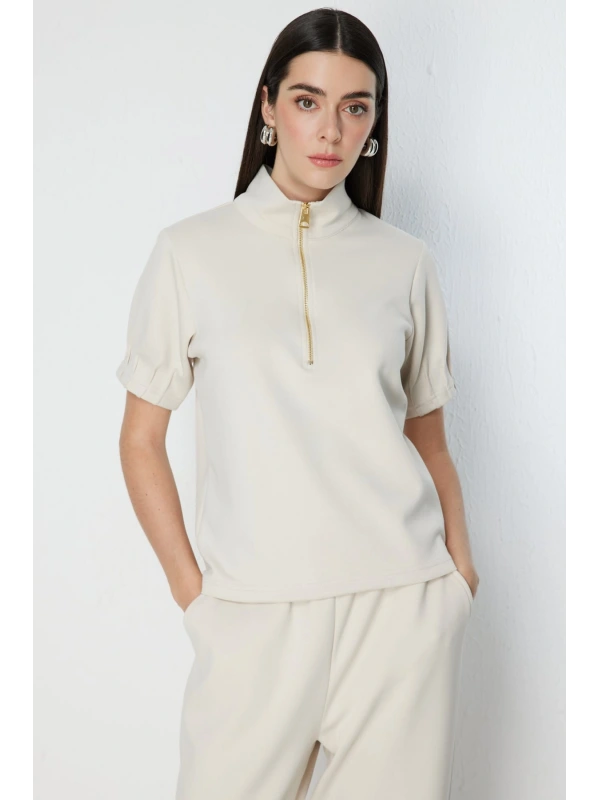 On Fashion Kolları Dikişli Önü Fermurlı Dik Yaka Bluz 76373