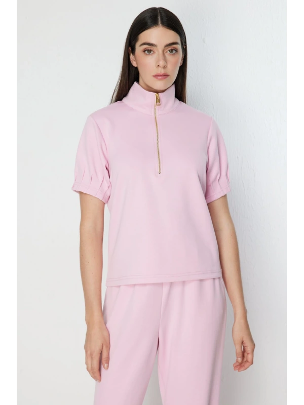 On Fashion Kolları Dikişli Önü Fermurlı Dik Yaka Bluz 76373