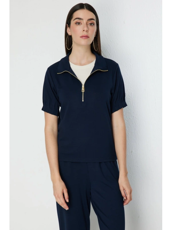 On Fashion Kolları Dikişli Önü Fermurlı Dik Yaka Bluz 76373