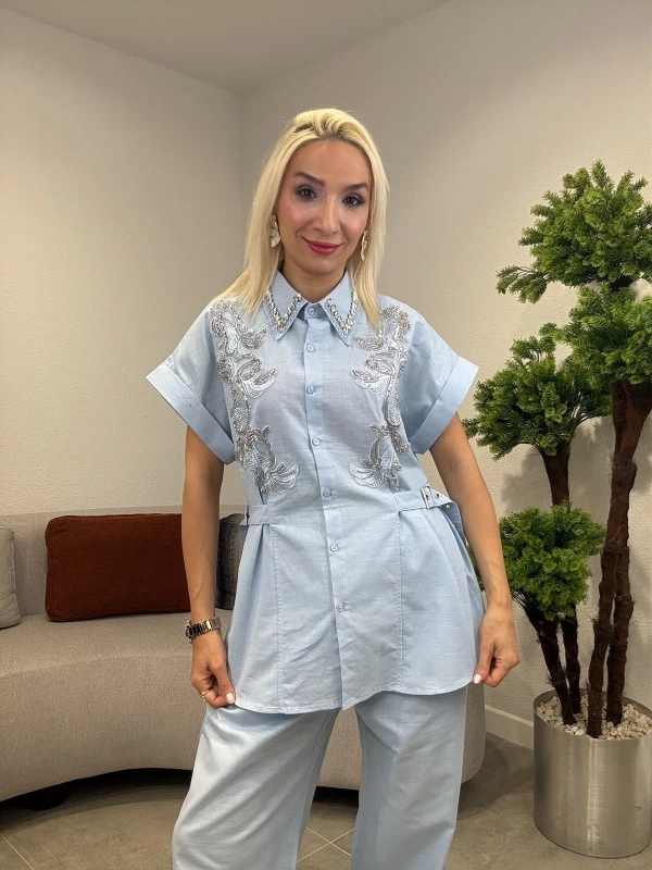 On Fashion Taşlı Kısa Kol Gömlek 70567