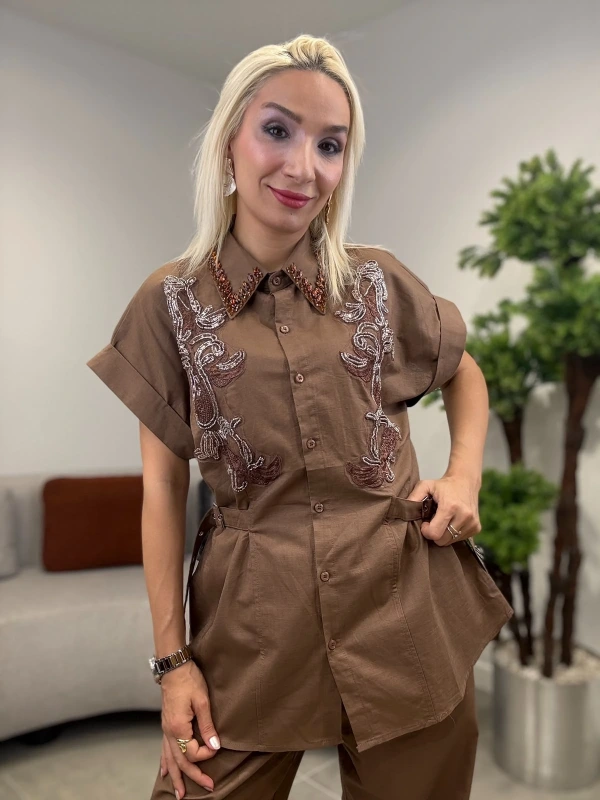 On Fashion Taşlı Kısa Kol Gömlek 70567