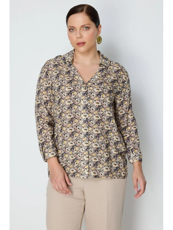 On Fashion V Yaka Çiçek Desenli Gömlek 74478