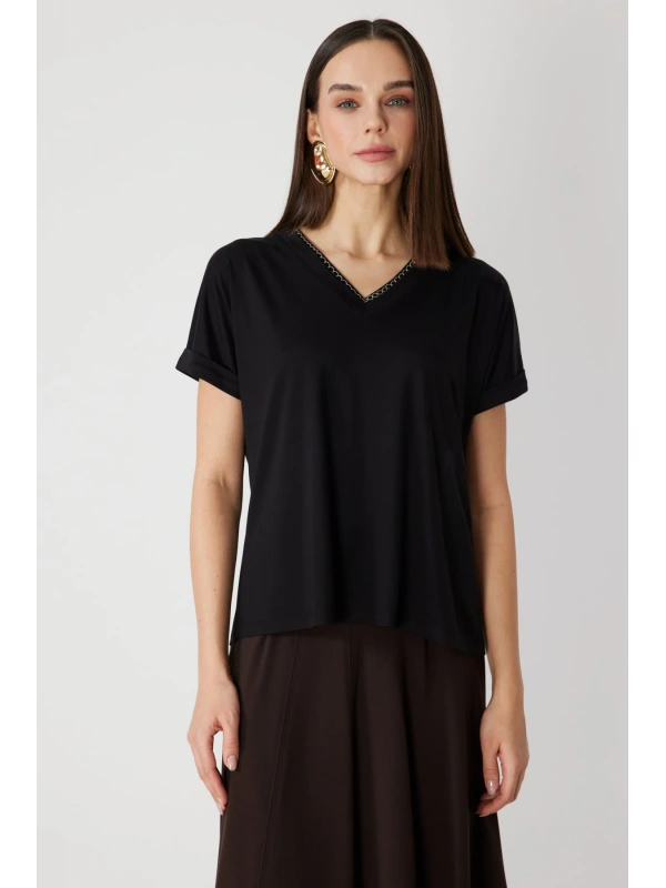 On Fashion Yakası Zincirli V Yaka Bluz 71352