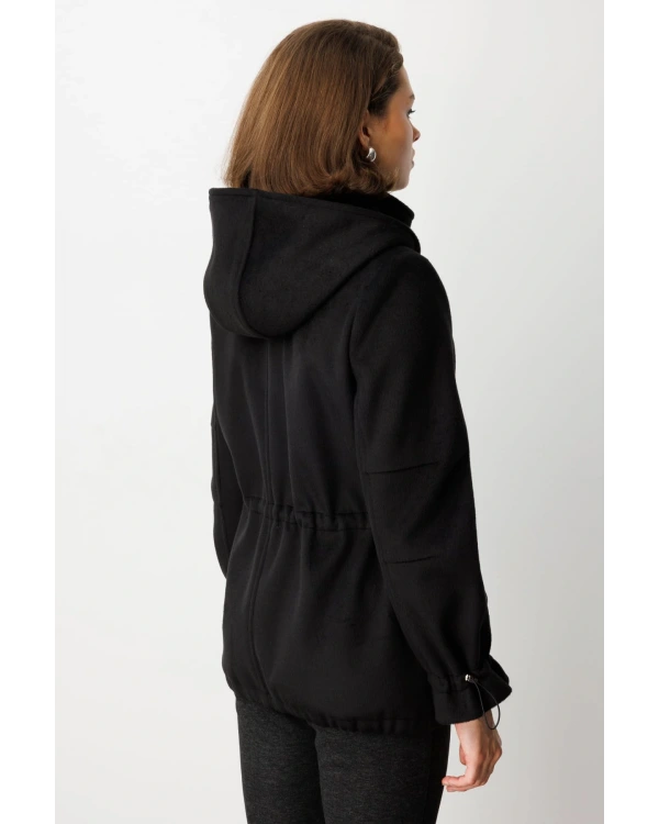 Ekol Beli Lastikli Kapüşonlu Siyah Manto 06041