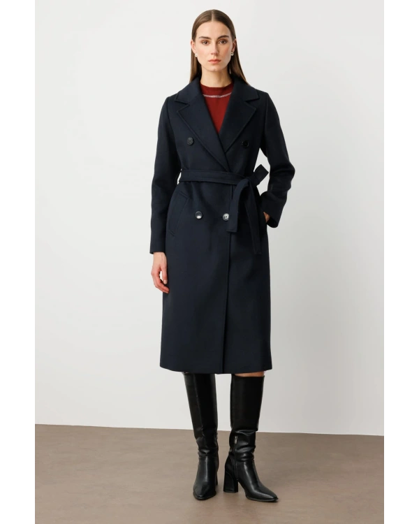 Ekol Kadın Belden Bağlamalı Uzun Lacivert Manto 06063