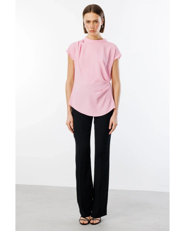 Ekol Kadın Belden Degajeli Pembe Bluz 03038
