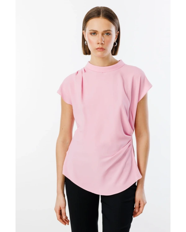 Ekol Kadın Belden Degajeli Pembe Bluz 03038