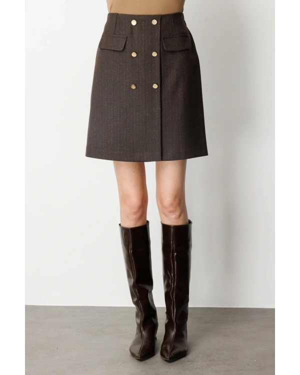 Ekol Kadın Beli Lastikli Süs Düğmeli Kahverengi Mini Etek 02019