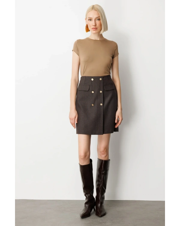 Ekol Kadın Beli Lastikli Süs Düğmeli Kahverengi Mini Etek 02019