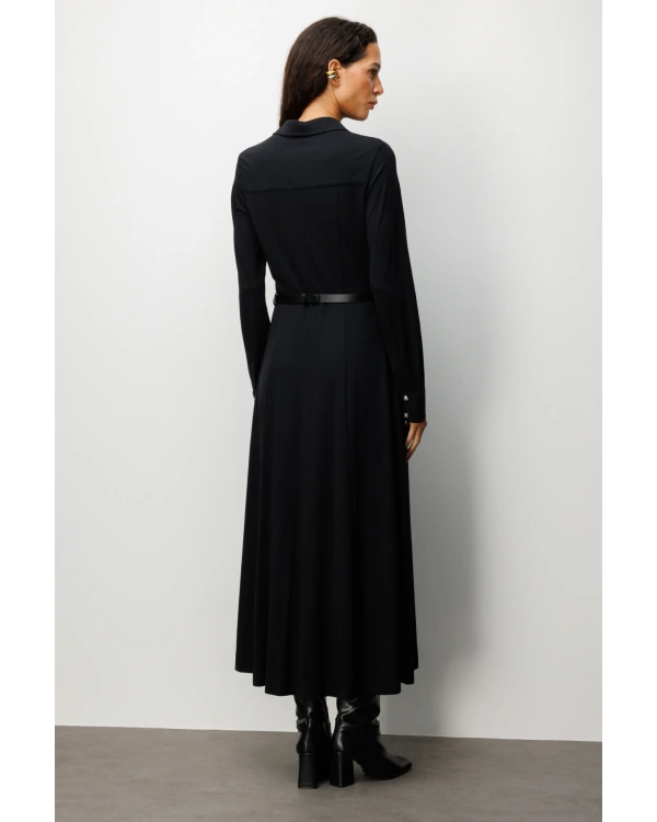 Ekol Kadın Düğmeli Kemerli Siyah Elbise 04029
