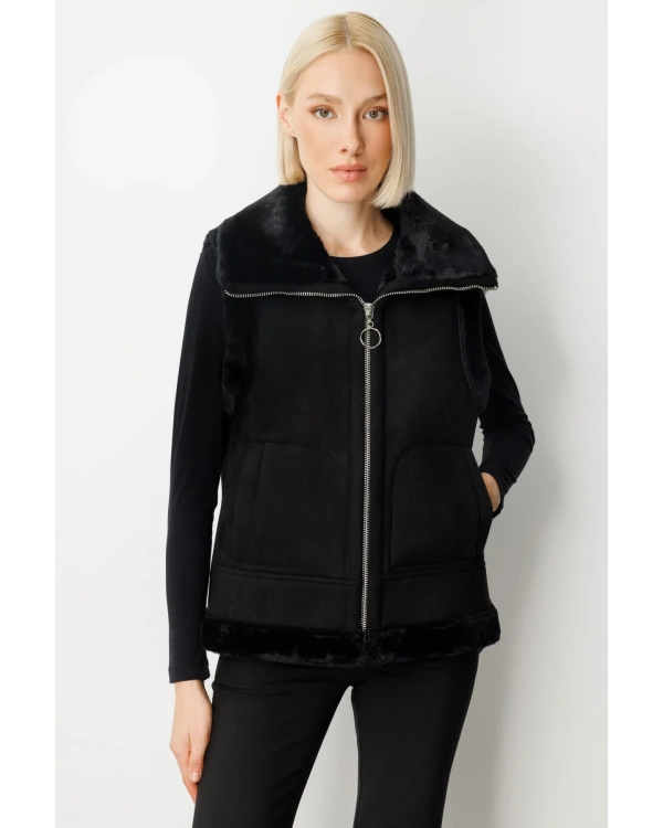 Ekol Kadın İçi Peluşlu Siyah Güderi Yelek 08501