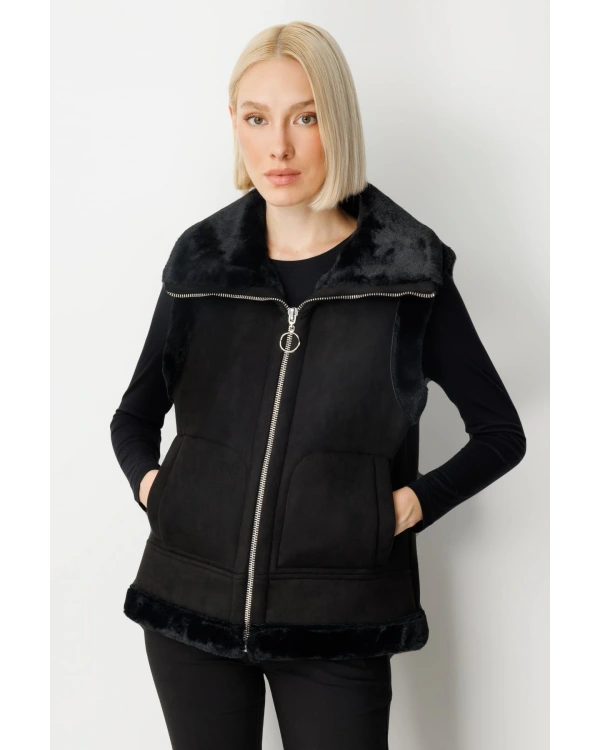 Ekol Kadın İçi Peluşlu Siyah Güderi Yelek 08501