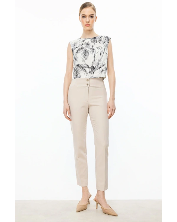 Ekol Kadın İki Düğmeli Yan Bel Lastikli Bej Pantolon 02086