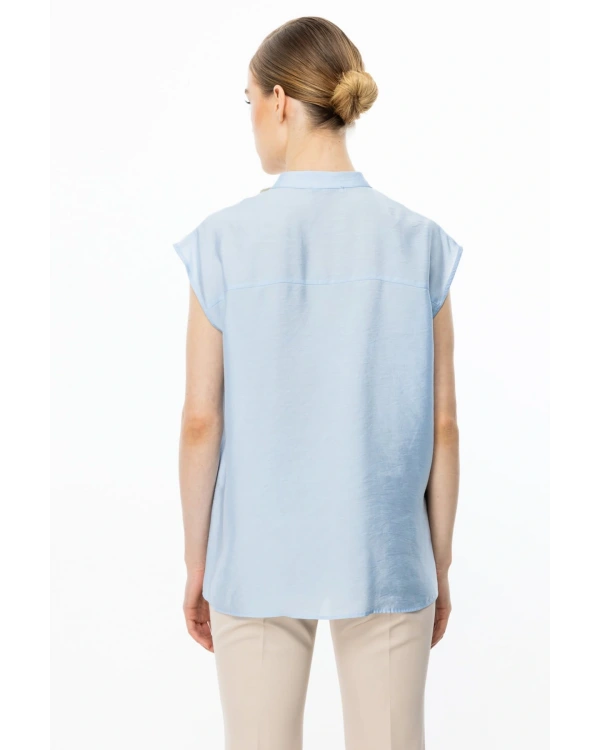 Ekol Kadın Kolsuz Ön Düğmeli Mavi Bluz 03022