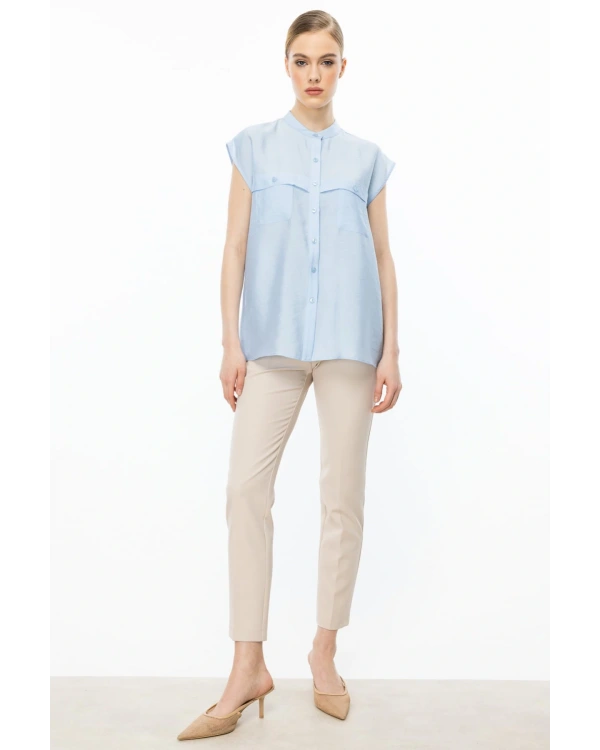 Ekol Kadın Kolsuz Ön Düğmeli Mavi Bluz 03022