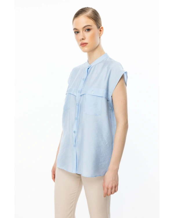 Ekol Kadın Kolsuz Ön Düğmeli Mavi Bluz 03022