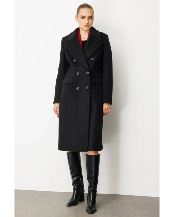 Ekol Kadın Kruvaze Yaka Kapak Cepli Siyah Kaban 06960