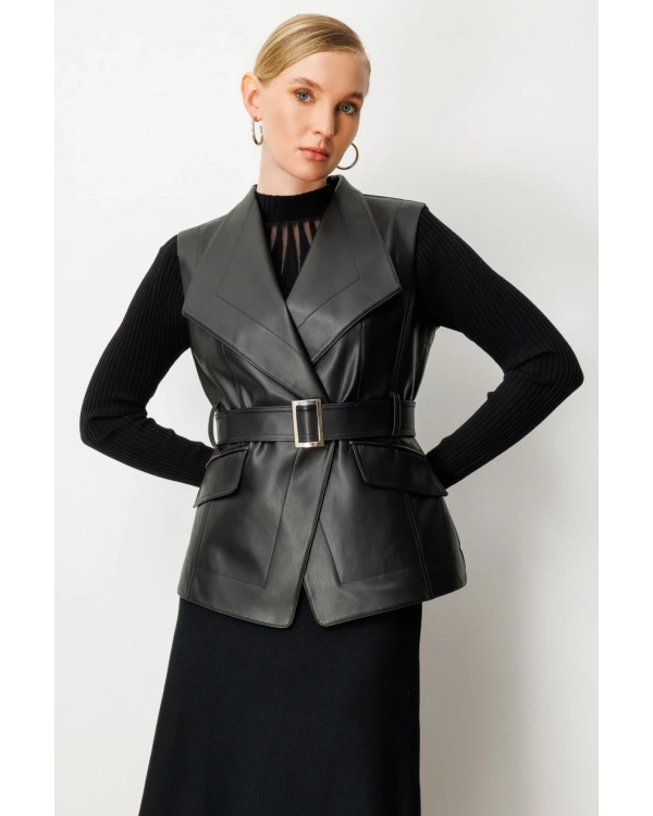 Ekol Kadın Kuşaklı Siyah Kolsuz Deri Yelek 05085