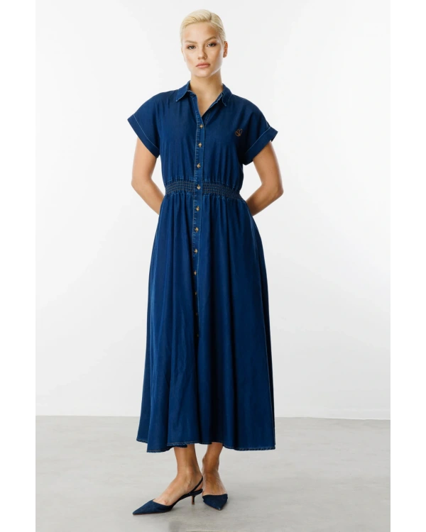 Ekol Kadın Maxi Boy İndigo Elbise 05030