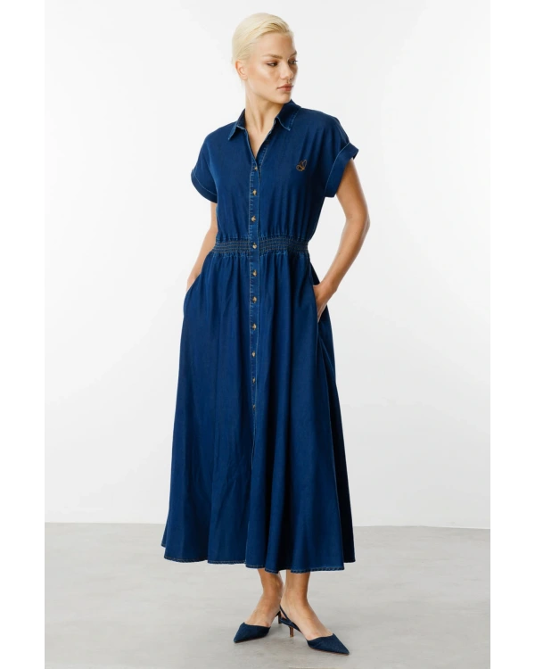 Ekol Kadın Maxi Boy İndigo Elbise 05030