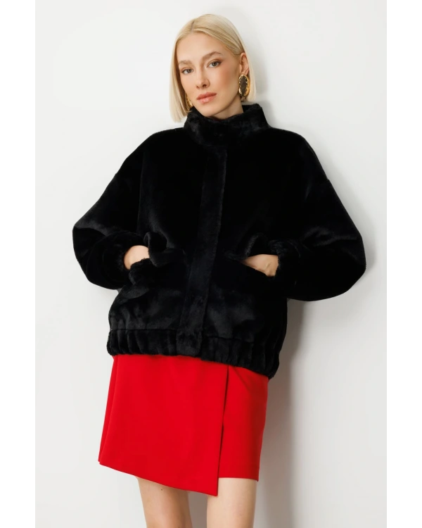 Ekol Kadın Peluş Kapak Cepli Siyah Mont 08007