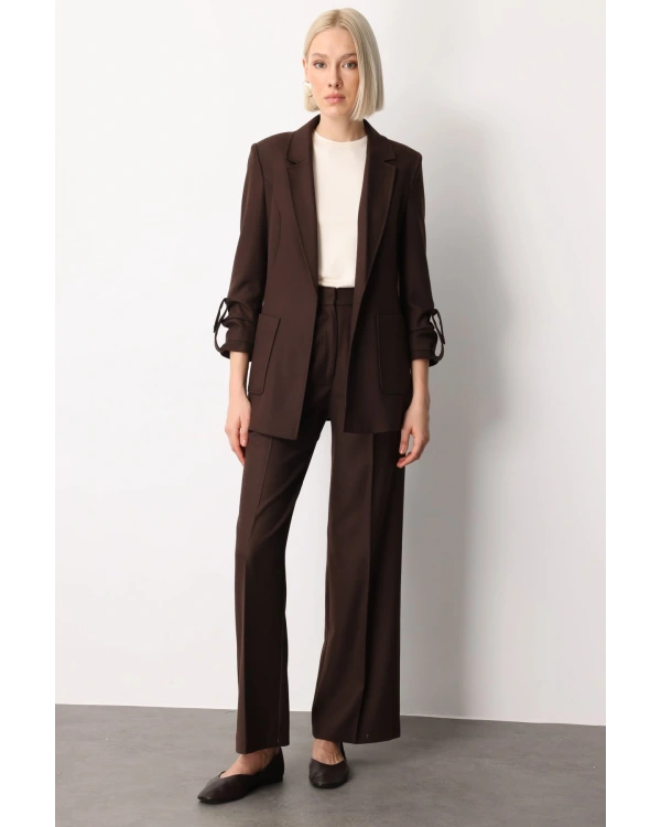 Ekol Kadın Pile Detaylı Bol Paça Kahverengi Pantolon 05059