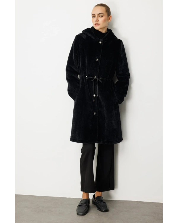 Ekol Kadın Siyah Kürklü Manto 06077