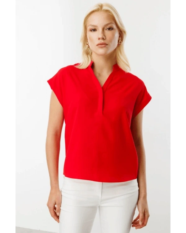 Ekol Kadın V Yaka Kırmızı Bluz 03044