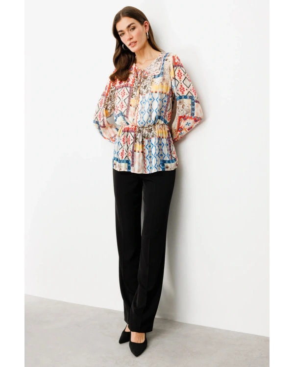 Ekol Kadın Yakası Bağcıklı Desenli Krem Bluz 03034