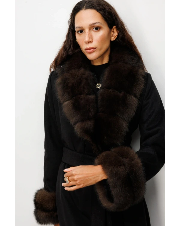 Ekol Kadın Yakası Ve Kolları Kürk Siyah Manto 06023