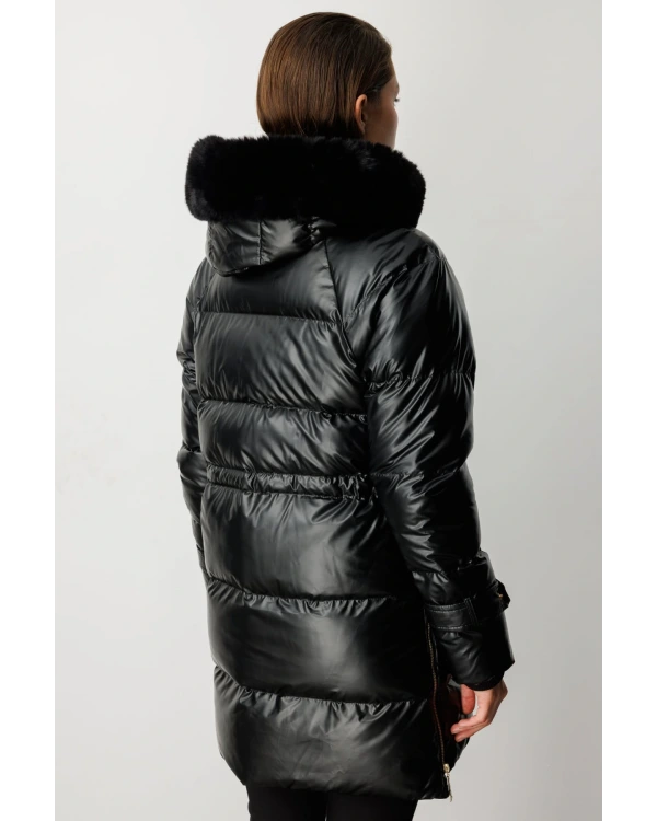 Ekol Kadın Yan Fermuarlı Yakası Peluş Siyah Manto 06583