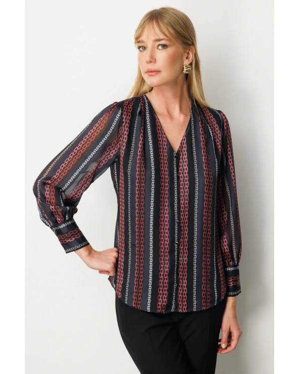 Ekol Kadın Zincir Desenli Siyah Bluz 03063