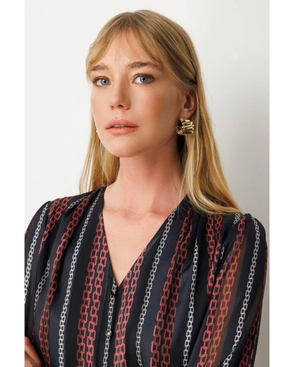 Ekol Kadın Zincir Desenli Siyah Bluz 03063