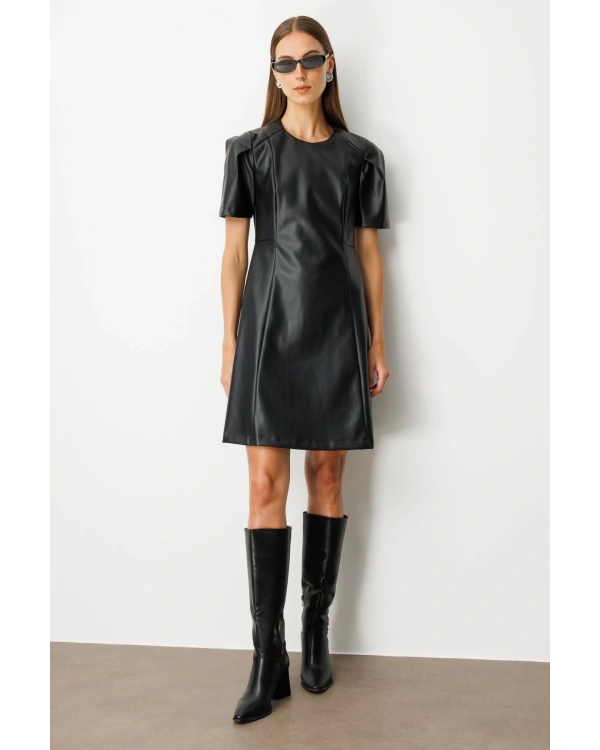 Ekol Kısa Kollu Deri Elbise 04081