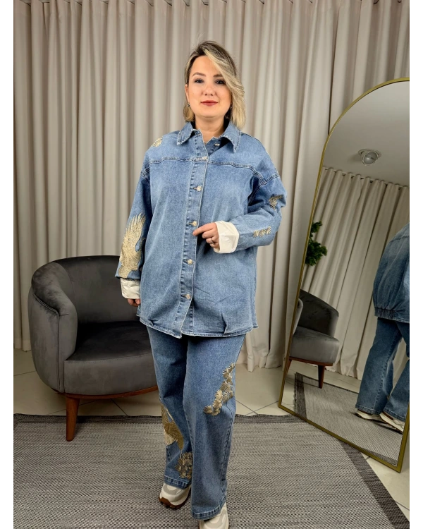 Ghisa Kuş İşlemeli Taşlı Düğmeli İkili Kot Takım 25YGSTKM3951 Mavi