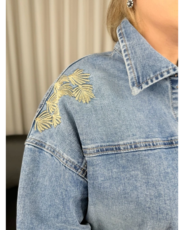 Ghisa Kuş İşlemeli Taşlı Düğmeli İkili Kot Takım 25YGSTKM3951 Mavi