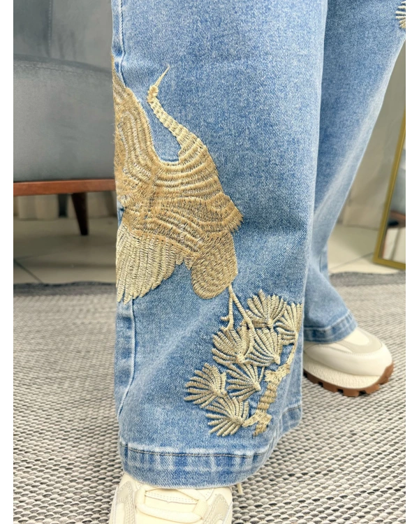 Ghisa Kuş İşlemeli Taşlı Düğmeli İkili Kot Takım 25YGSTKM3951 Mavi