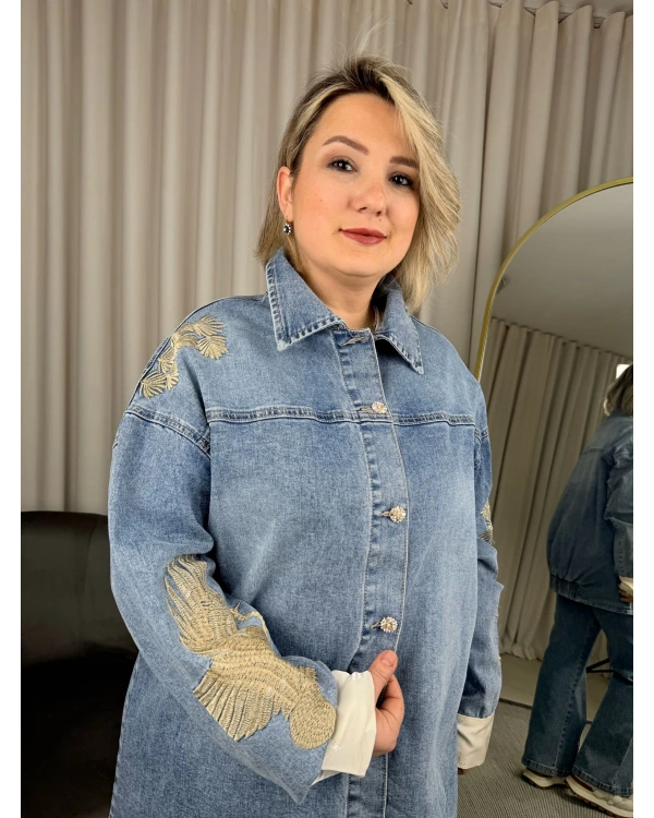 Ghisa Kuş İşlemeli Taşlı Düğmeli İkili Kot Takım 25YGSTKM3951 Mavi